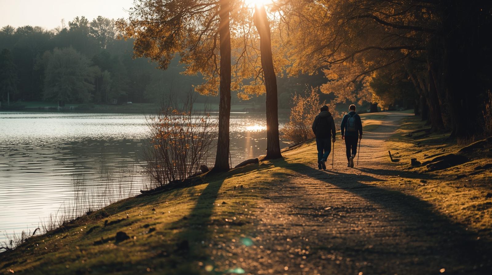 Couple walking along side the lake